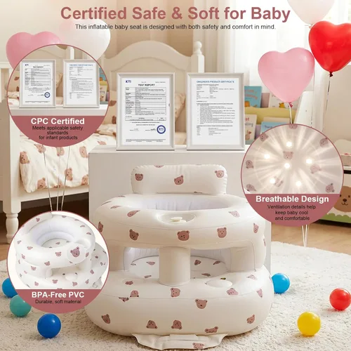 Miniatura 8 de Asiento inflable para bebé de 3 a 36 meses, silla de bebé con cerca y bomba de aire incorporada, asiento de piso inflable para bebé con soporte