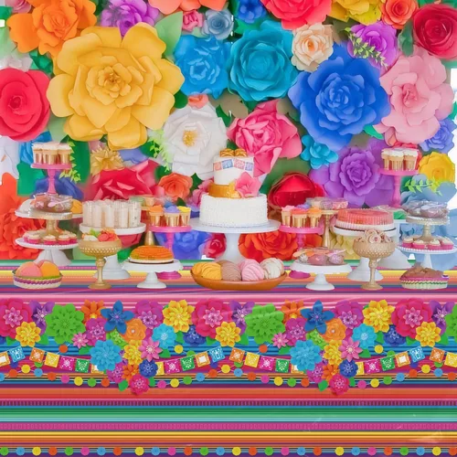 Miniatura 2 de Mantel de plástico para fiesta mexicana, 4 unidades, diseño de flores de papel a rayas mexicanas, decoración rectangular para fiesta de taco