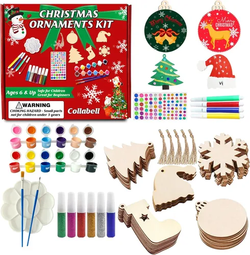 Collabell Kit de manualidades de pintura de madera de Navidad, pinta tus propios adornos de Navidad, rebanadas de madera sin terminar, manualidades