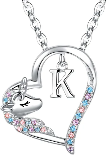 Miniatura 43 de Anoup Collar con inicial de unicornio, chapado en oro de 14 quilates, hipoalergénico con circonita cúbica, colgante de diamante simulado, joyería