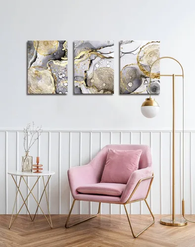 Miniatura 2 de Arte abstracto dorado para pared, 3 piezas, arte moderno enmarcado en blanco y negro, gris, oro, tinta fluida, anillos anuales, imágenes, lienzo