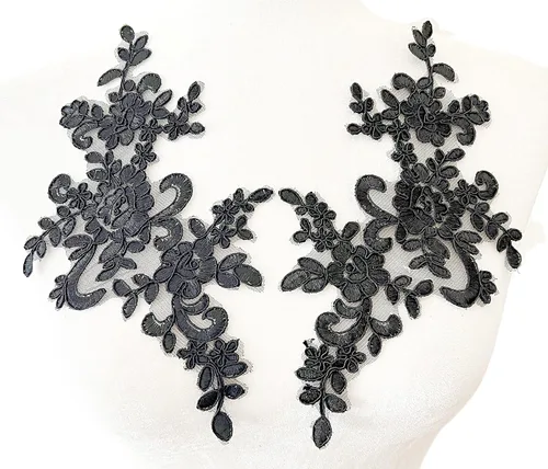 PEPPERLONELY 1 par de parches de tela de encaje fino bordados adornos apliques decoración de vestido, negro, 10 x 6 pulgadas