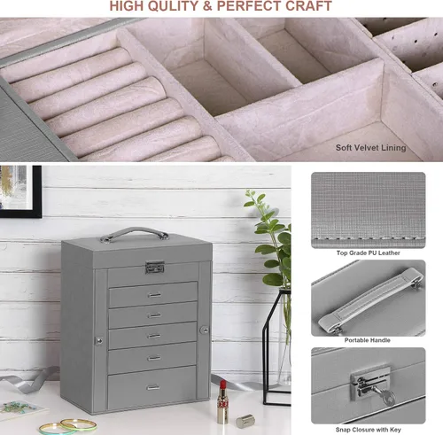 Miniatura 4 de ANWBROAD Caja de joyería grande de 6 niveles organizador de joyas con cerradura de espejo caja de joyería para niñas aretes anillos collares