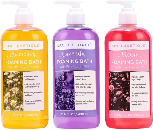 Spa Luxetique Baño de burbujas, baño espumoso con sal de Epsom, juego de baño con aroma a rosa de manzanilla y lavanda, paquete de 3 regalos de 49.8