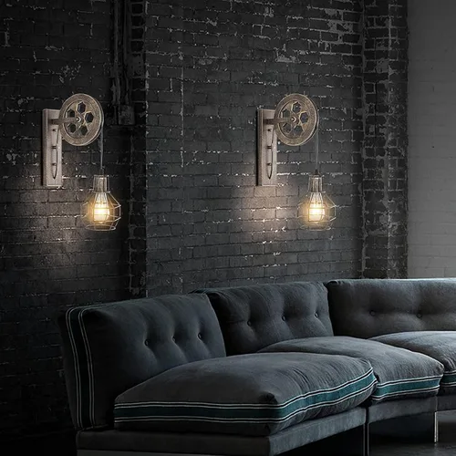 Miniatura 4 de 1 Luminaria Industrial de Mediados de Siglo Retro de Hierro para Pared con Polea Elevadora, Lámpara de Pared que Presenta Pantalla de Jaula