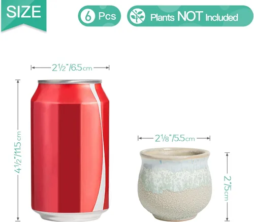 Miniatura 6 de T4U Juego de 6 macetas pequeñas de cerámica para suculentas con drenaje, mini para plantas, maceta de porcelana pequeña, macetas de plantas de aire