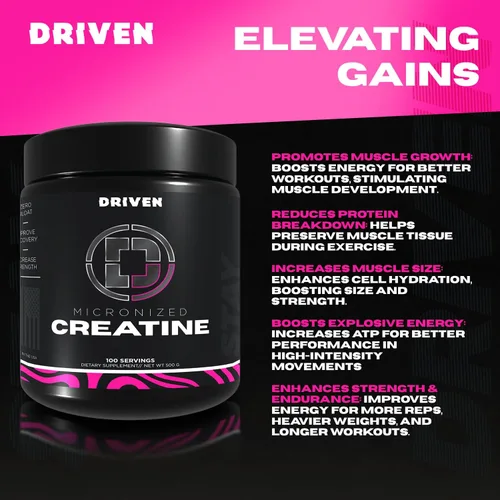 Miniatura 5 de Driven Nutrition Creatina, 17.64 oz – Polvo micronizado sin sabor, rendimiento físico y cognición – 0.18 oz por porción para reducir la fatiga