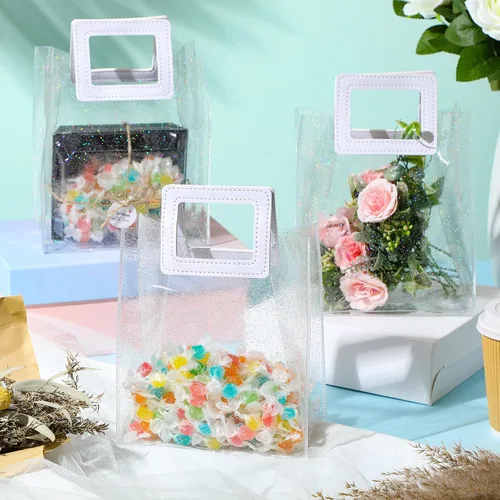 Miniatura 4 de Jetec 20 bolsas de regalo de PVC transparente blanco con asas a granel, bolsas de regalo de fiesta reutilizables para bodas, despedidas de soltera