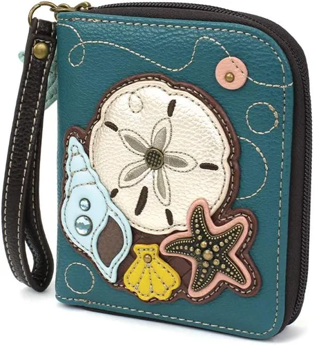 Miniatura 2 de CHALA Cartera con cremallera alrededor, pulsera, 8 ranuras para tarjetas de crédito, piel sintética resistente, Dólar de arena - Turquesa, Cartera