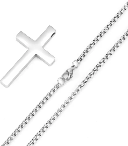 Miniatura 7 de Collar de cruz para hombre Collar con colgante de cruz lisa de acero inoxidable plataoro, regalo de joyería simple, cadena de caja de 18 a 24