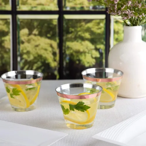 Miniatura 2 de PLASTICPRO 9 onzas Vasos de plástico desechables para fiesta, vasos de diseño antiguo, cristal transparente (transparente con borde de oro rosa, 200)