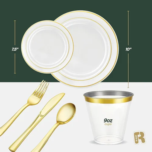Miniatura 6 de R-kay Juego de vajilla de plástico dorado de 350 piezas para 50 invitados, platos de plástico dorado para fiestas, platos de fiesta y tazas