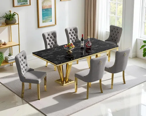 Miniatura 42 de Henf Juego de mesa de comedor de mármol sintético de 68 pulgadas para 6, juego de mesa de comedor de 7 piezas con 6 sillas copetudas de terciopelo