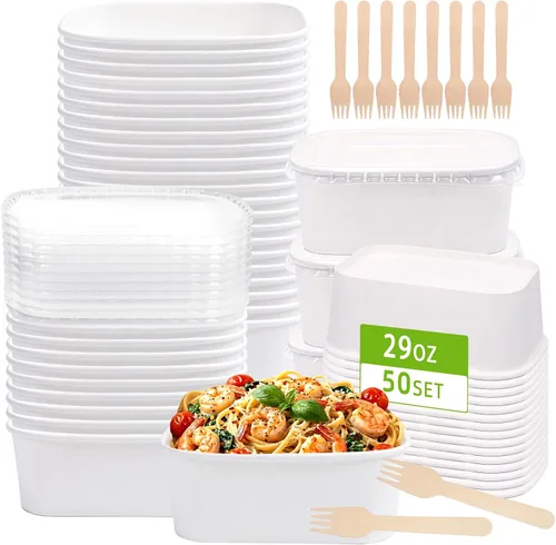 Miniatura 10 de Paquete de 50 recipientes de comida de papel de 19 onzas con tapas, recipientes de preparación de comidas, cuencos de papel grandes desechables
