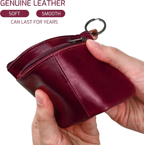 Miniatura 4 de Monedero de cuero genuino con triple cremallera para tarjetero con llavero, Rojo vino, Monedero