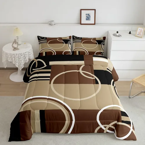 Miniatura 2 de Juego de edredón moderno de tamaño individual, color marrón, gris y negro, juego de ropa de cama con espirales geométricos para niños y niñas