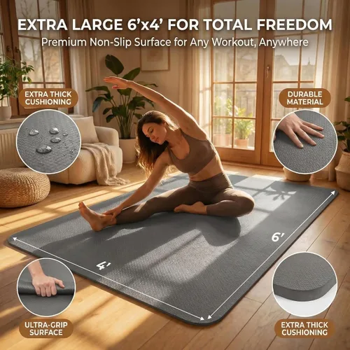 Miniatura 2 de Esterilla grande de yoga de 6'x 4' (72"x 48") — Esterilla de ejercicio extra ancha de 1/4" y 1/3" de 183cm x 122cm, gran esterilla de ejercicio
