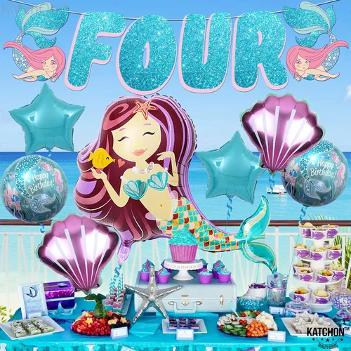 Miniatura 3 de KatchOn Juego de 8 decoraciones de sirena grande para cumpleaños número 4, globos de sirena y cumpleaños para niña de 4 años