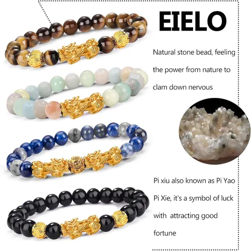 Miniatura 7 de EIELO Feng Shui Pixiu - Pulseras de buena suerte para hombres y mujeres, piedras preciosas naturales, energía curativa, obsidiana, pi, yao, dragón
