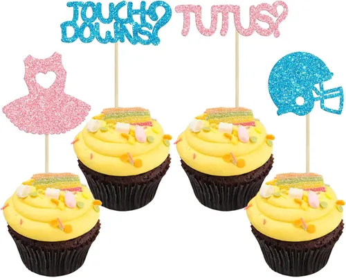 Gyufise 24 piezas de decoración de cupcakes para niños o niñas, tutús para retoque de género, decoración de rugby para fiesta de revelación de