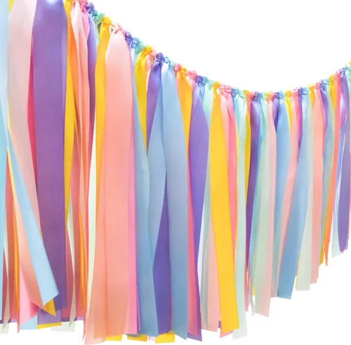 Guirnalda de borlas de cinta arcoíris pastel, pancarta de tela colorida para decoración de baby shower, trona, cumpleaños, decoración de telón de