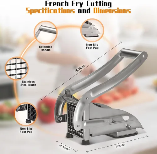 Miniatura 2 de Cortador de papas de acero inoxidable apto para lavavajillas con cuchillas de 1/2 y 3/8 pulgadas, base de succión antideslizante, cortador manual