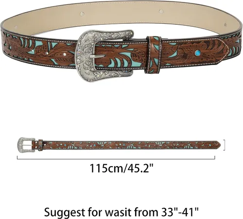 Miniatura 4 de Western-Cowgirl-Cinturones para Mujer y Hombre Turquesa-Decorado-Hebillas Plateadas-Cinturones de Cuero de Vaquero Occidental para Pantalones