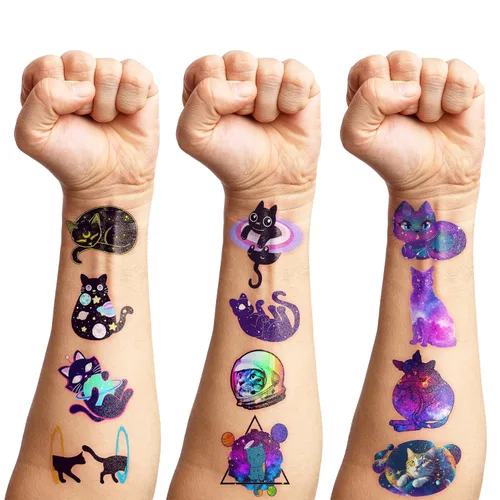 Miniatura 8 de 96 piezas divertidas de tatuajes temporales con temática de gatos espaciales, decoraciones de fiesta de cumpleaños, suministros de decoración