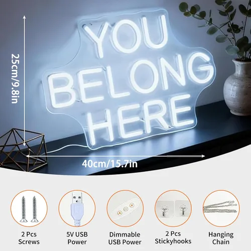 Miniatura 2 de Letrero de neón LED con texto en inglés "You Belong Here", luz de neón decorativa regulable alimentada por USB, para el hogar, sala de estar