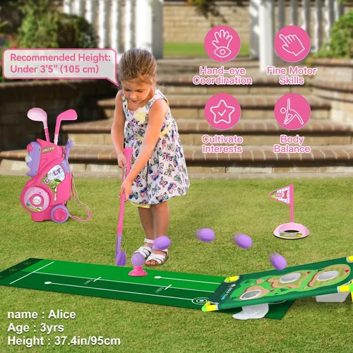 Miniatura 5 de Juego de golf para niños y niñas de 1, 2, 3, 4 años, carrito de golf mejorado para niños con alfombrilla de putting y tabla de cornhole, juguetes