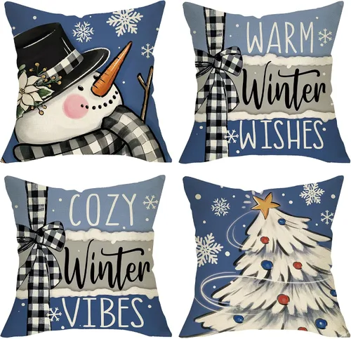 Miniatura 9 de Juego de 4 fundas de almohada decorativas de árbol de pino de Navidad de 18 x 18 pulgadas, bolas de alegría de Navidad, copos de nieve dorados