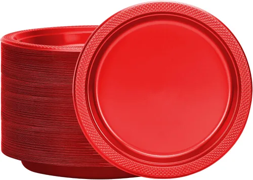 Miniatura 6 de Platos de plástico rojos de la colección Hanna K. Signature, redondos de 9 pulgadas, 50 unidades – Platos desechables resistentes para cenas