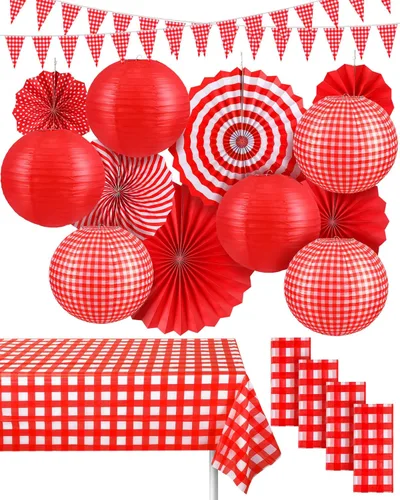 Miniatura 8 de Hortsun 18 piezas de decoración de fiesta de pícnic, suministros de fiesta de cuadros a cuadros que incluyen banderines a cuadros, abanicos de papel