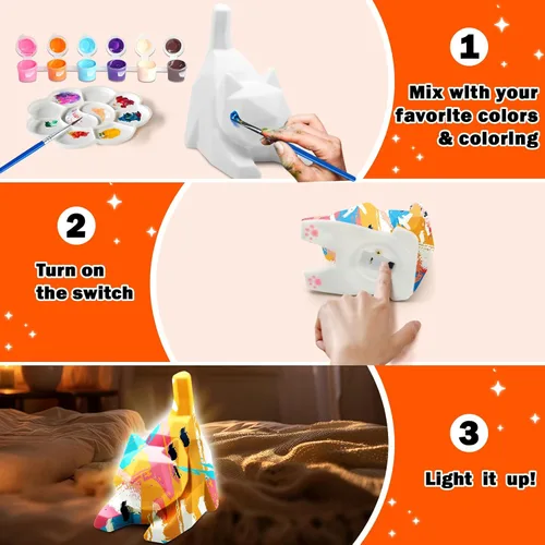 Miniatura 4 de FUNZBO Kit de lámpara para pintar tu propio gato de 4.3 pulgadas, suministros de pintura para niños y adolescentes, juguete de luz nocturna
