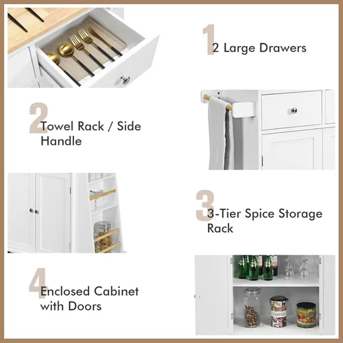 Miniatura 5 de COSTWAY Isla de cocina sobre ruedas, carrito utilitario con estante ajustable, 2 cajones, estante de especias de 3 niveles, toallero, gabinete de 2