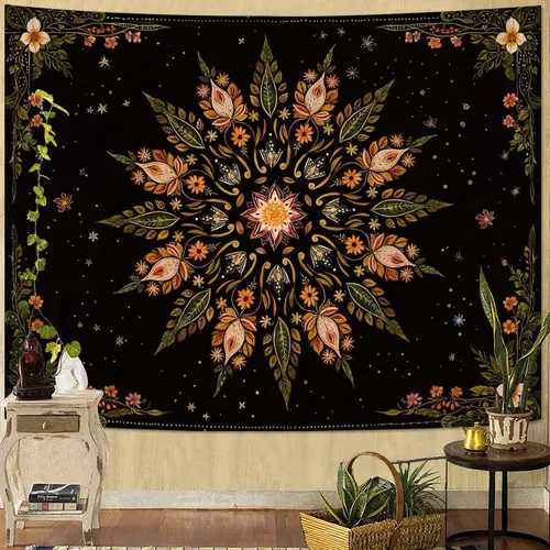 Miniatura 8 de Fowocu Tapiz bohemio con mandala floral para colgar en la pared, medallón de flores bohemias, tapiz estético, beige, naranja, hippie, indio, pequeño