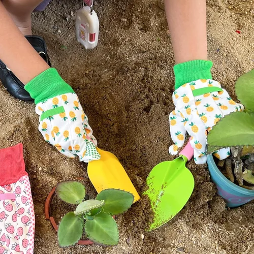 Miniatura 5 de Paquete de 3 pares de guantes de jardín para niños, guantes de jardinería para niños pequeños, regalos medianos para edades de 4 a 5 años, estilo 1