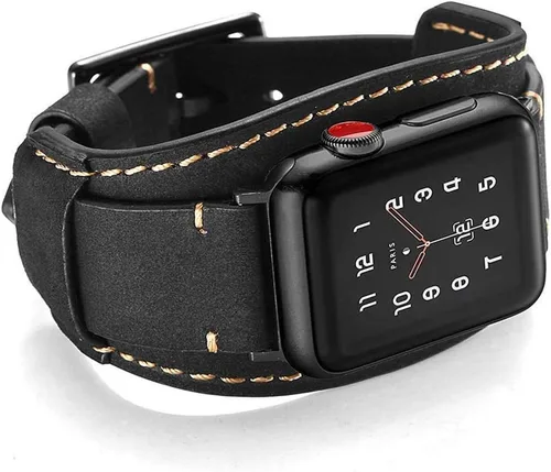Correa compatible con Apple Watch de 49/46/45/44mm/42mm (Series 3 2 1), pulsera de cuero genuino Crazy Horse compatible con iWatch Ultra/Ultra2 Negro