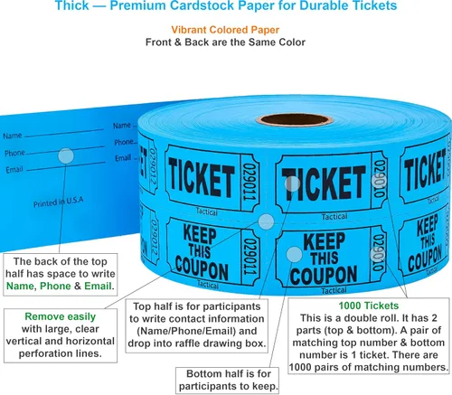 Miniatura 2 de 1000 boletos Tacticai para rifa, azul (1 de 8 colores), rollo doble, boleto para eventos, entradas, premio de clase, recaudación de fondos y premios