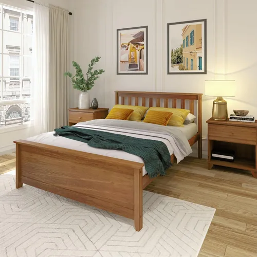 Miniatura 12 de Plank+Beam Estructura de cama individual de madera maciza, cama plataforma con cabecero, color nogal