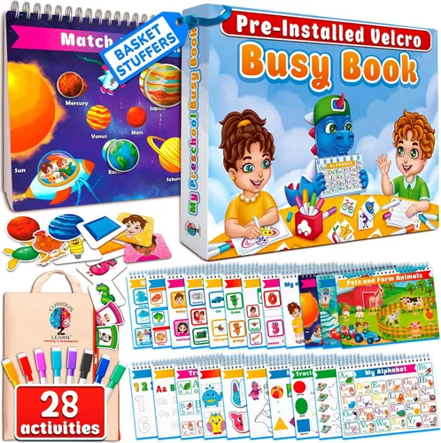 Curious 2 Learn Montessori Busy Book para niños de 3 a 5 años – Carpeta de aprendizaje preescolar premontada con 28 actividades, bolsa de viaje y 8