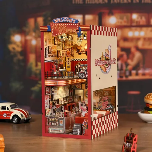 Miniatura 9 de fifijoy Kit de rincón de libros - Kit de casa de muñecas en miniatura DIY para adultos y adolescentes, decoración retro de estantería de restaurante