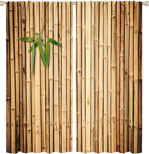 Miniatura 19 de Cortinas con estampado de bambú, tallos y hojas de bambú, temática oriental natural, oscurecimiento de habitación, ventana, ventana, cortina