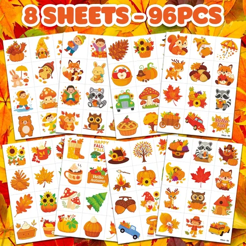 Miniatura 3 de 96 piezas de tatuajes temporales precortados de calabaza de hojas de otoño de Hello Fall para niños Bonitos recuerdos de fiesta de cumpleaños