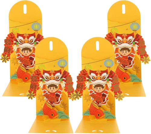 Miniatura 10 de Vaguelly Sobres rojos de año nuevo 3D 2024, 4 unidades, loto chino, carácter, año del dragón, Fengshui, Fortuna, sobre Hong Bao Lucky Money Red As