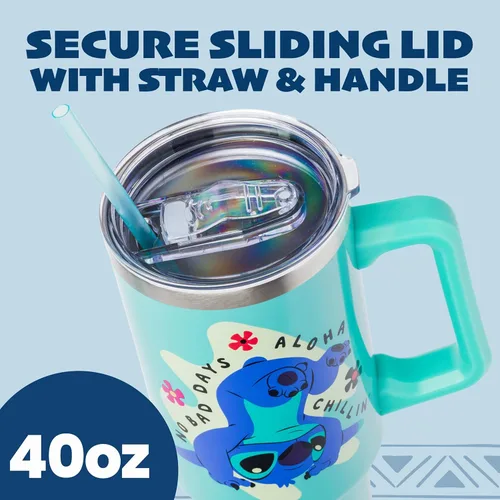 Miniatura 3 de Silver Buffalo Disney Lilo and Stitch Aloha - Vaso de acero inoxidable de doble pared con asa y pajilla, se adapta al portavasos estándar, 40 onzas