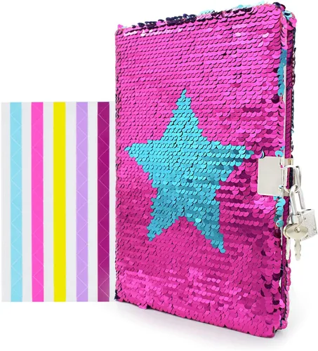 Miniatura 11 de Magic - Diario de viaje reversible con lentejuelas, diario de viaje con cierre y llave para niños y niñas, tamaño A5 (8.5 x 5.5 pulgadas), 78 hojas.