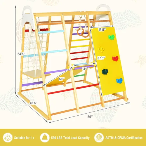 Miniatura 7 de GLACER Gimnasio de la selva 8 en 1, gimnasio de escalada interior de madera con tobogán, columpio, barras de mono, escalera de cuerda, escalada