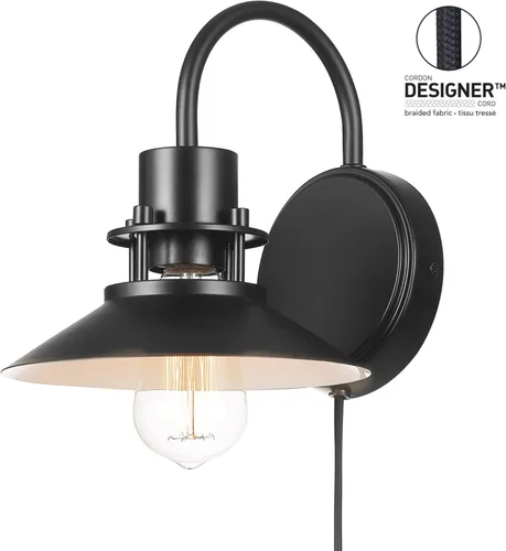 Miniatura 7 de Globe Electric Wren - Aplique de pared de 1 luz, negro mate, cable de diseño de tela trenzada negra de 6 pies, interruptor basculante