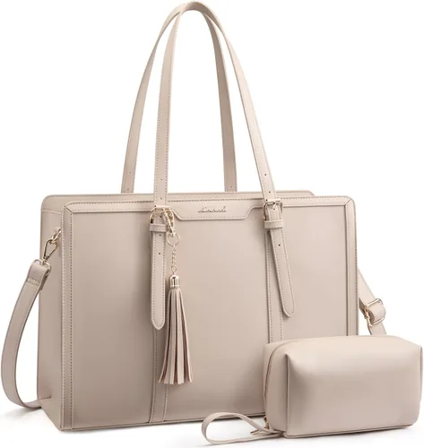Miniatura 27 de LOVEVOOK Bolsa para laptop para mujer, bolsa de lona ligera de 15.6 pulgadas, bolsa grande para computadora, con bolso de mano, para negocios, Beige